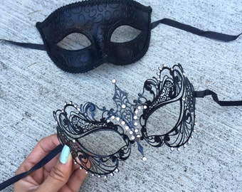 New Dream Angel Masquerade Couples Mask Set - His & Hers Mask Bestselling Men's Half Mask w/ Lady's Laser Cut Mask FULL BLACK SET