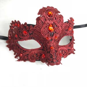 Red Lace Mask, Red Lace Masquerade Mask, Mask w/ Exquisite Red Rhinestones, Lace Masquerade Mask Red Gems image 1