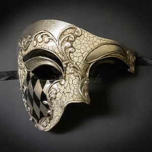 Silver Black Venetian Half Men Mask Masquerade Mardi Gras 'Phantom of the Opera' Design