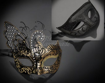 Couples Masquerade Masks, His & Hers Masquerade Masks - Bestselling Gold Mask and Laser Cut Masquerade Mask