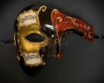 Men's Masquerade Mask, Red Phantom Mask, Phantom of the Opera Mask, Mask with Music Notes, Red Details, Masquerade Mask Men, Mardi Gras