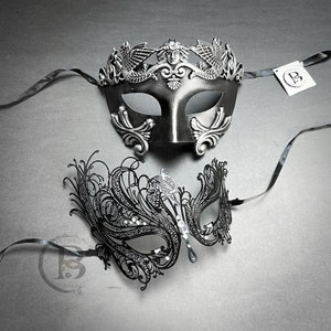 His & Hers Couples Masquerade Mask, Masquerade Masks for Couples, Masquerade Masks Mardi Gras Masks, Black Metal Mask, Chrome Roman Mask
