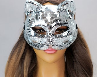 Silver Cat Woman Mask Mirror Glass Masquerade Mask Cosplay Halloween Party Mask Costume Mask Haute Couture
