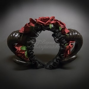 Flower Ram Horns Headband Masquerade Mask, Hair Decor Costume Handband, BLACK/FLORAL/BURGUNDY