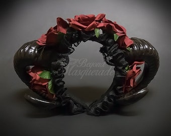 Flower Ram Horns Headband Masquerade Mask, Hair Decor Costume Handband, BLACK/FLORAL/BURGUNDY