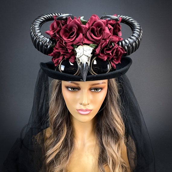Black Ram Horns Headpiece Steampunk Hat Red Roses Head Goggles - Etsy Hong  Kong
