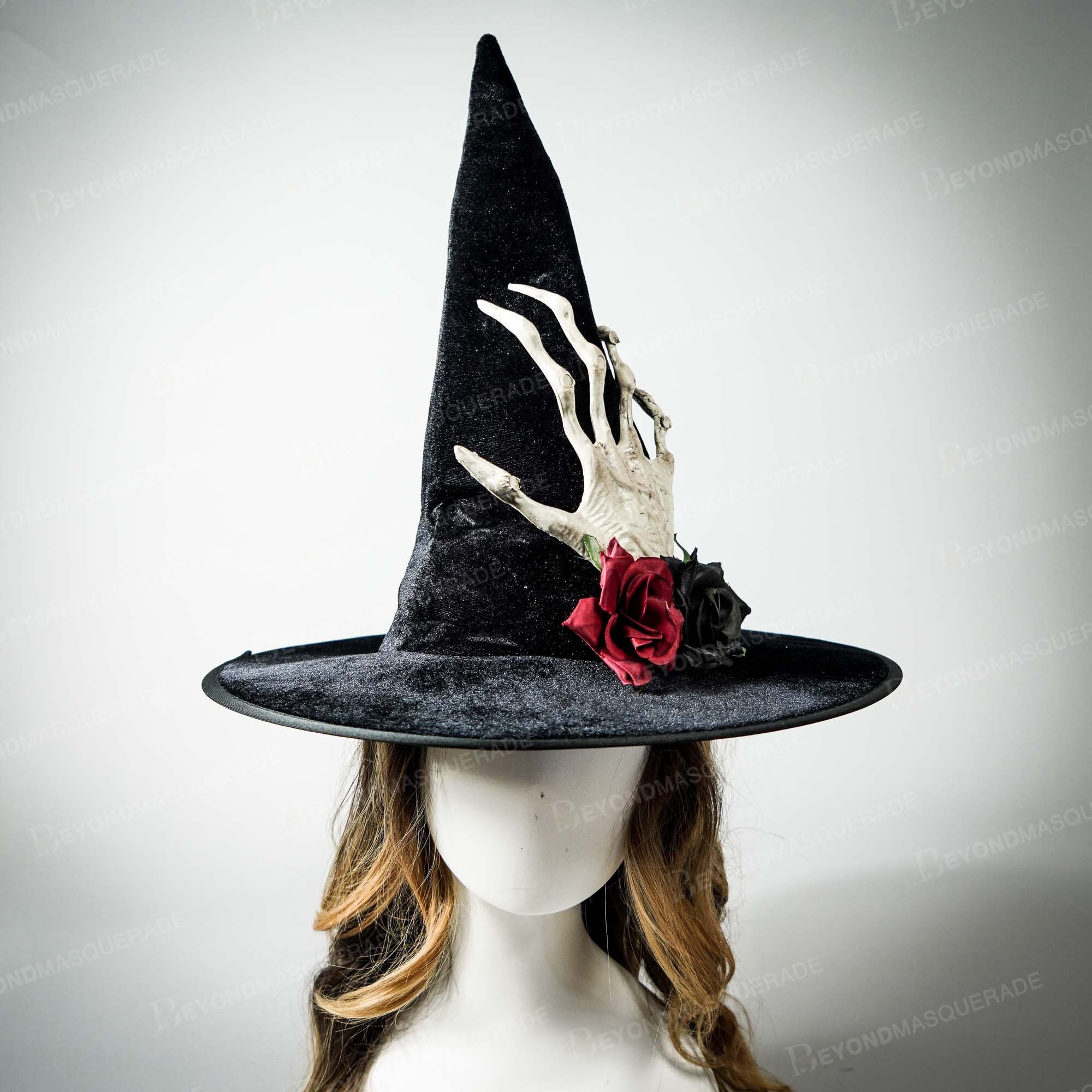 Witch Hat Halloween Decor Headpiece Fancy Skull and Flowers Witchcraft Costume Hats Cosplay Skull Hand Flowers Cosplay Headpiece Feathers