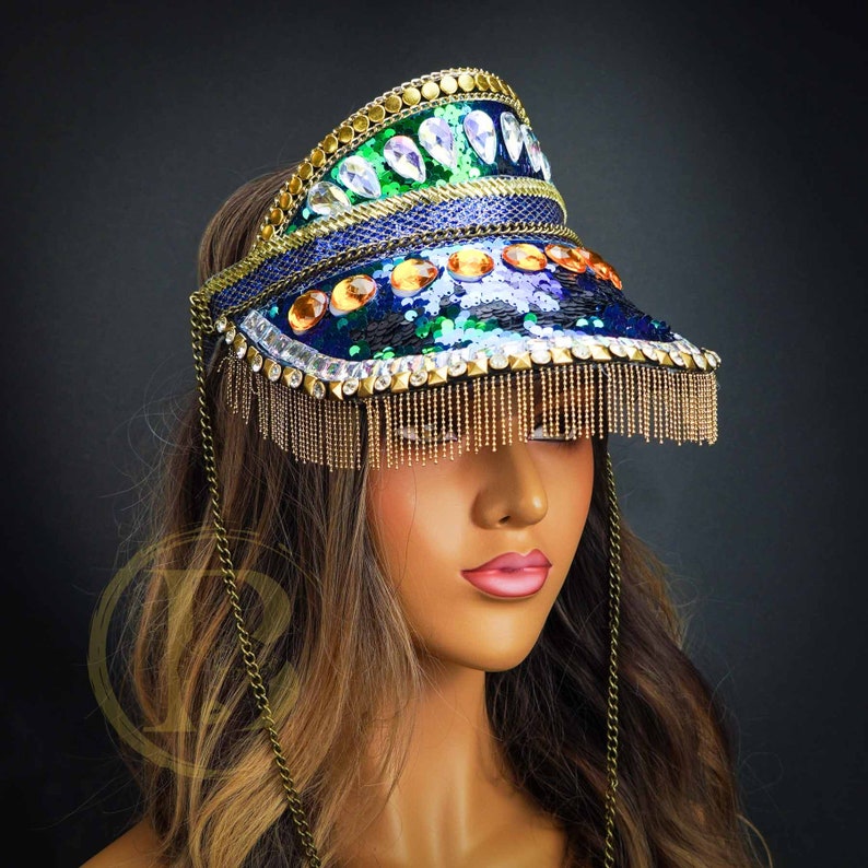 Sequin Sun Hat Visor with Chain, Derby Hat Visor for Women, Fascinator Hat Visor, Beaded Visor, Sequin Visor, Steampunk Visor, Bling Visor 