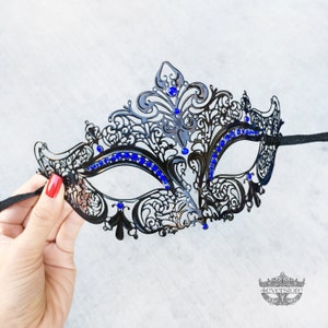 Masquerade Mask, Black Masquerade Mask,  Masquerade Ball Mask, Mask w/ Exquisite Rhinestones, Bachelorette Party, [Royal Blue Rhinestones]