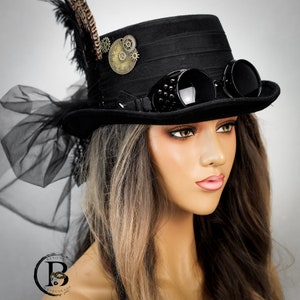 Chapeau haut de forme steampunk noir avec lunettes, chapeau avec voile, engrenages steampunk, accessoires steampunk, costume d'Halloween steampunk image 1
