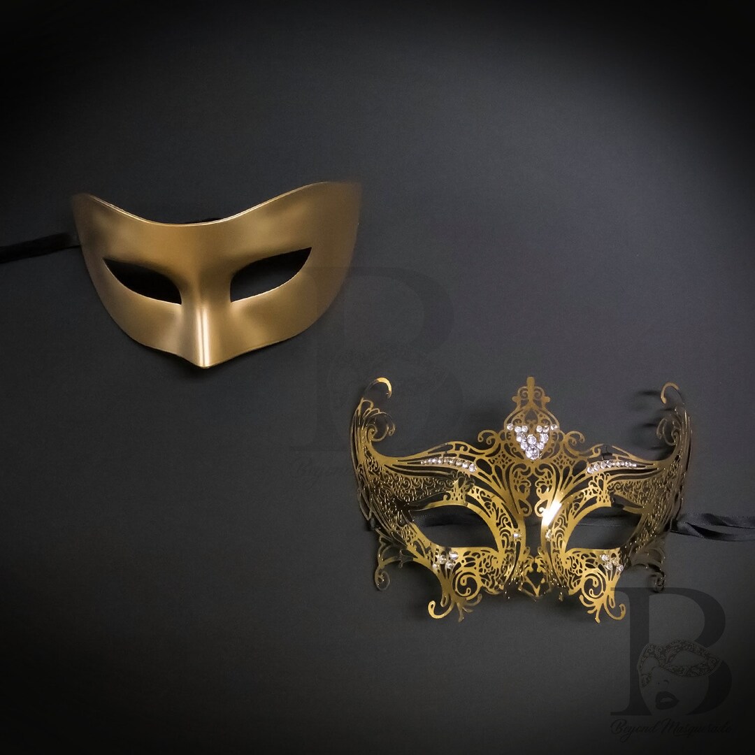 Two Gold Masks Gold Masquerade Mask, Couples Masquerade Masks, Gold Masquerade Masks ...