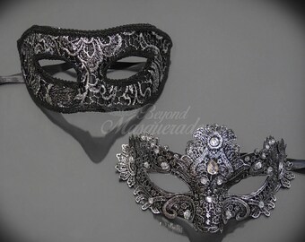 Couples Masquerade Mask, His & Hers Masquerade Mask, Black Lace Mask Men, Metallic Silver Masquerade Mask Women