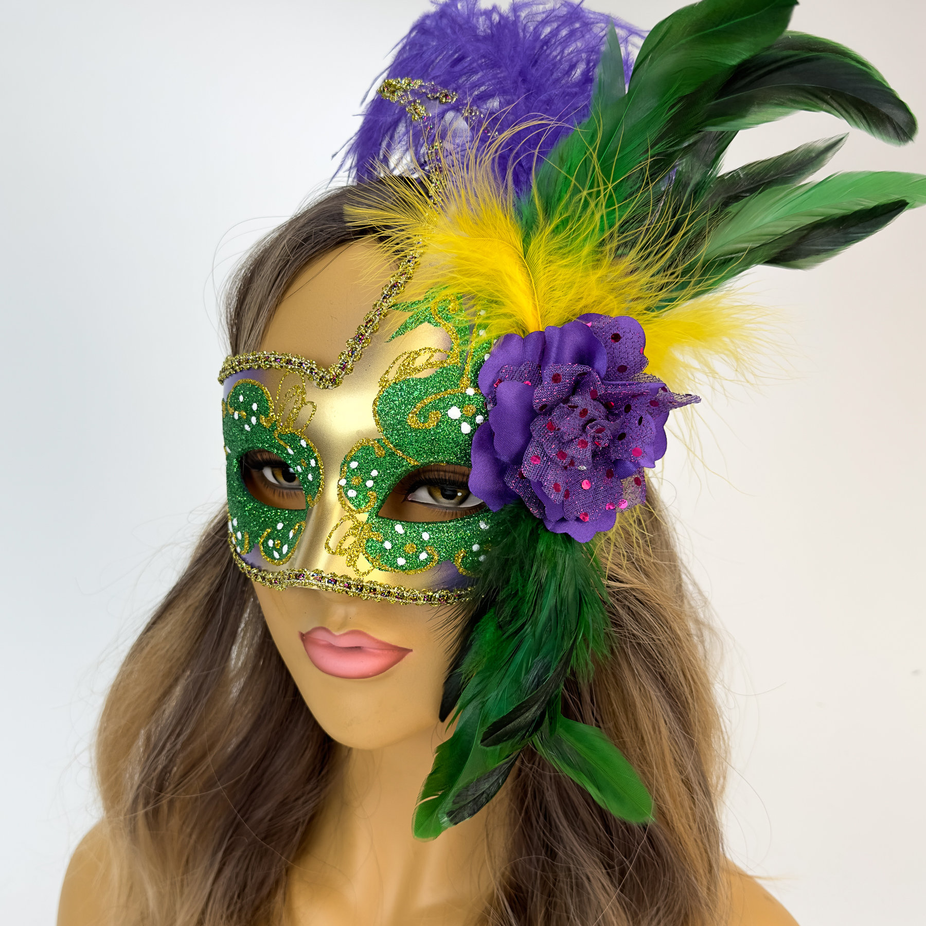 Gold Masquerade Marsi Gras Eye Mask W/ Rainbow Feathers Party Prom Carbival  Mask