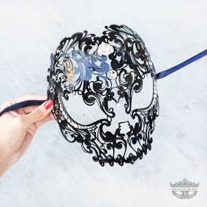 Black Masquerade Mask, Full Face Skull Mask, Day of the Dead Masquerade Mask, Sugar Skull Mask [Clear Rhinestones]