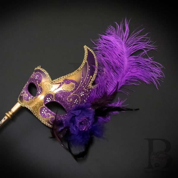 Gold and Purple Venetian Goddess Masquerade Mask w/Handheld Stick - Soft Feather Adornments