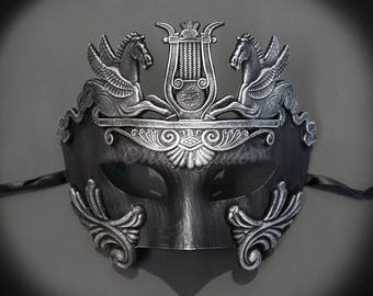 Men's Masquerade Mask, Roman Mask, Masquerade Ball Mask, Men's Mask, Sun God Dance Mask - Dark Silver