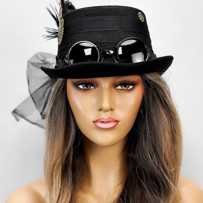 Chapeau haut de forme steampunk noir avec lunettes, chapeau avec voile, engrenages steampunk, accessoires steampunk, costume d'Halloween steampunk image 7