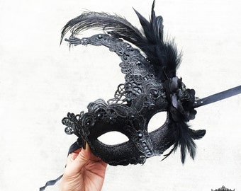 Masquerade Mask, Black Masquerade Mask,  Masquerade Ball Mask, Feather Masquerade Mask, Feather Mask, Black Mask with Feathers, Brocade Lace