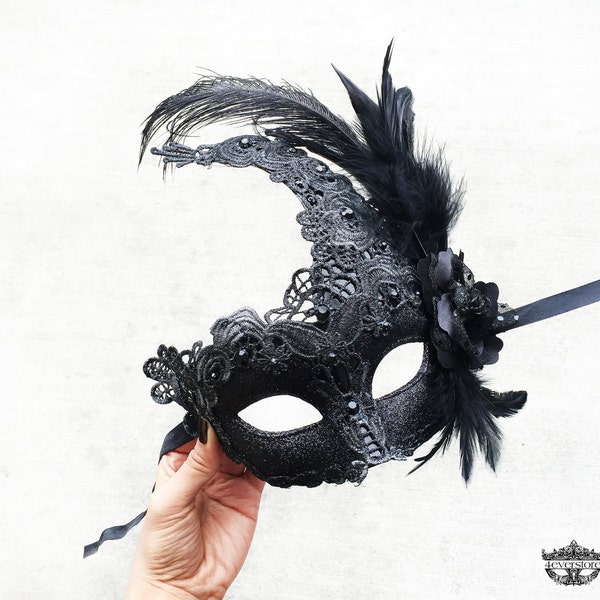 Masquerade Mask, Black Masquerade Mask,  Masquerade Ball Mask, Feather Masquerade Mask, Feather Mask, Black Mask with Feathers, Brocade Lace