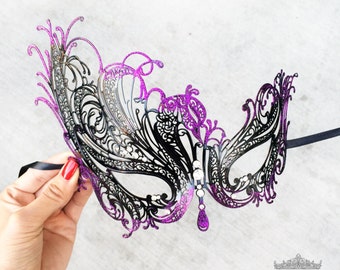 Masquerade Mask, Black Masquerade Mask, Masquerade Ball Mask, Magenta Purple Glitter Details