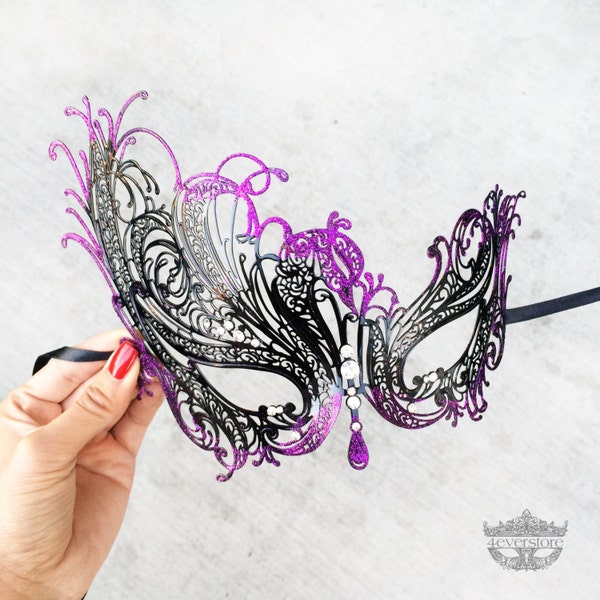 Masquerade Mask, Black Masquerade Mask, Masquerade Ball Mask, Magenta Purple Glitter Details