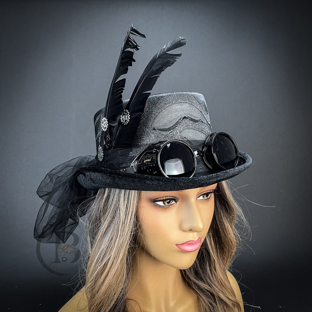 Steampunk Hat With Veil Silver Black Tall Hat Halloween Decor - Etsy