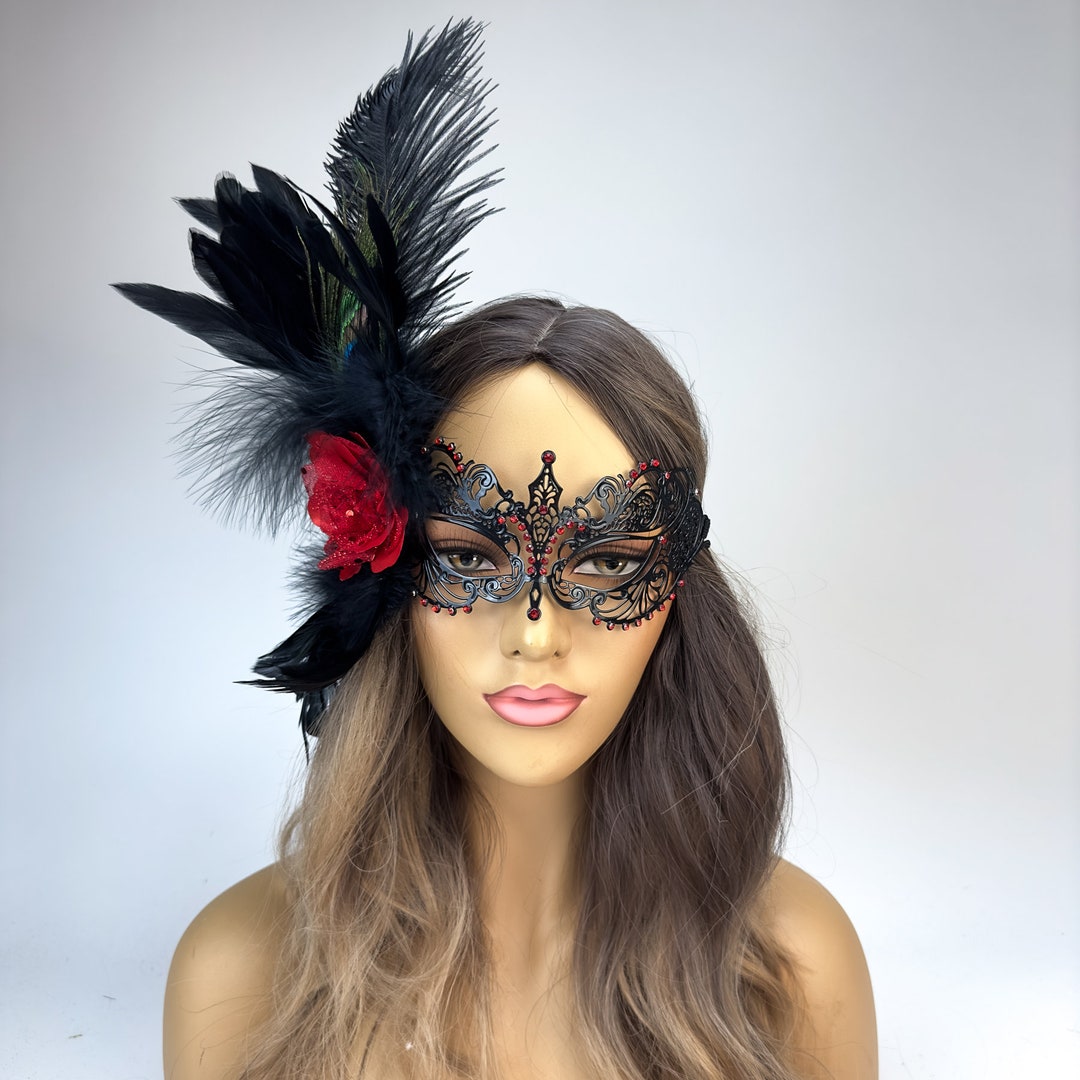 Black Red Feather Masquerade Mask for Women, Lace Mask, Metal Masquerade Mask, Mardi Gras Masks