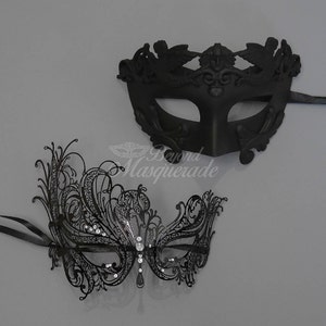 New Roman Couples Collection -  His and Her's Black Masquerade Mask Set - Lady's Mask with Diamonds