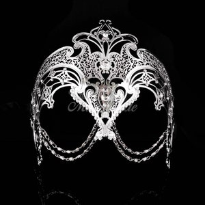 Exquisite Silver Venetian Laser Cut Masquerade Mask w/ Diamond Inspired Rhinestones & Chains, Masquerade Ball Mask