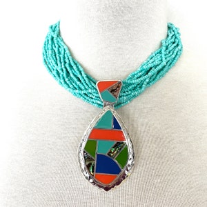Turquoise Bead Necklace: Enamel Abalone Pendant, Adjustable 16-20 in