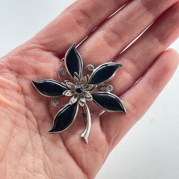 Antique black flower brooch - image 2