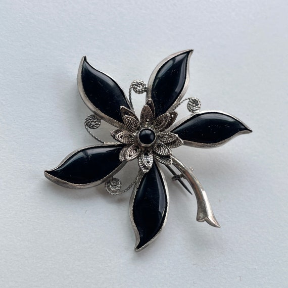 Antique black flower brooch - image 6