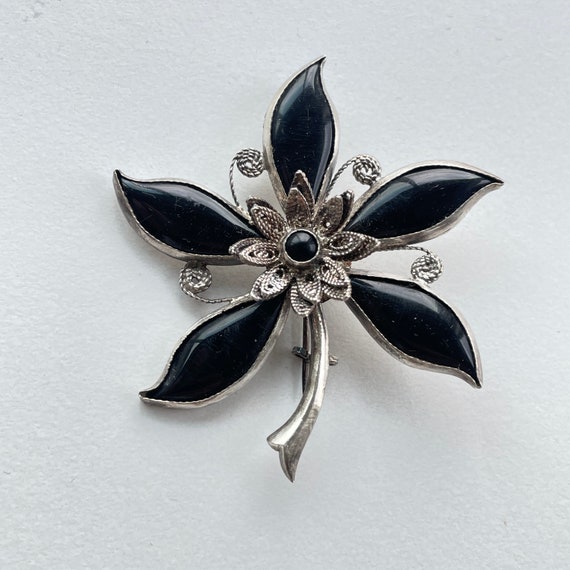 Antique black flower brooch - image 10