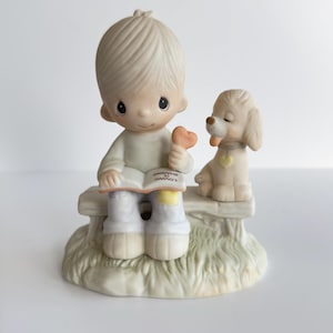 Vintage Precious Moments &quot;Loving Is Sharing&quot; Figurine | E-3110/B | Boy Reading to Puppy | Dog Lover Gift | Enesco Imports 1979