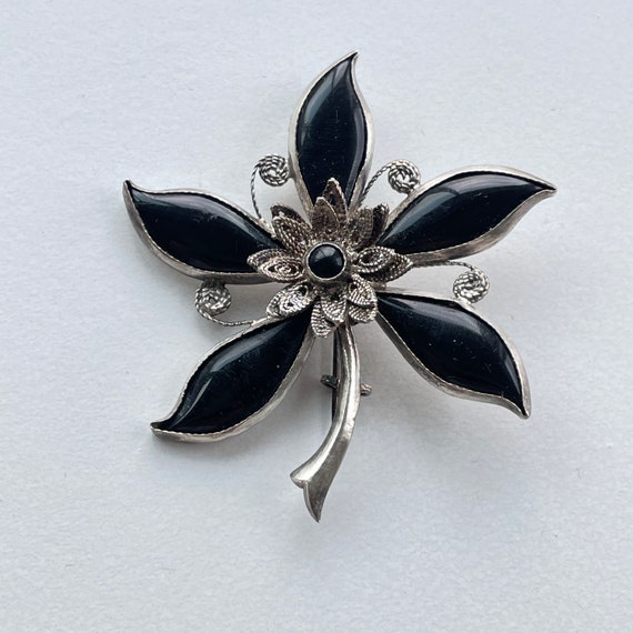 Antique black flower brooch - image 7