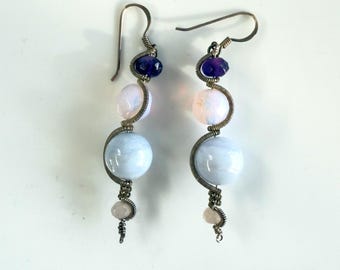 Handcrafted Gemstone Spiral Drop Earrings - Blue Lace Agate, Rose Quartz, Amethyst - Artisan Jewelry