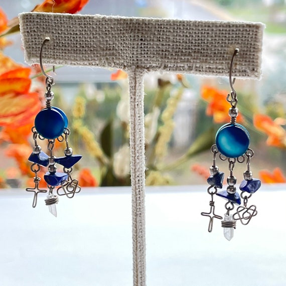 Vintage crystal star cross charm earrings - image 2