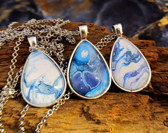 ONE OF A KIND Blue Teardrop Acrylic Pour Pendant (3 color themes, 18 or 24 inch silver-plated chain)