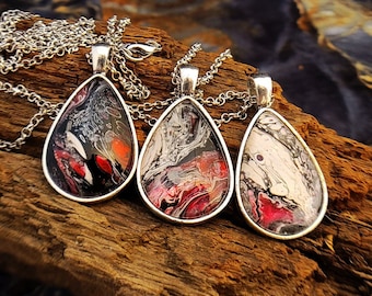 ONE OF A KIND Pink Teardrop Acrylic Pour Pendant (18 or 24 inch silver-plated chain)