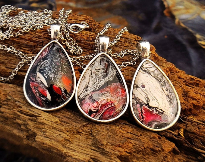 ONE OF A KIND Pink Teardrop Acrylic Pour Pendant (18 or 24 inch silver-plated chain)