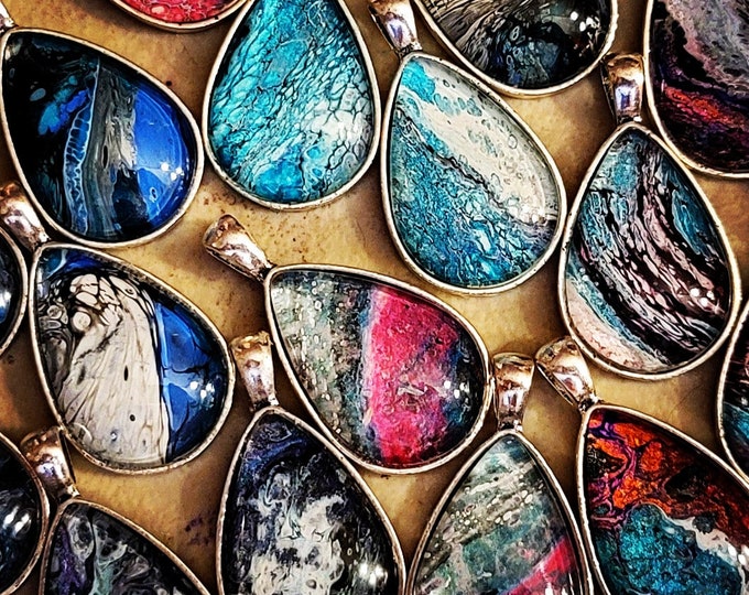 Featured listing image: SURPRISE ME! One-Of-A-Kind Mystery Acrylic Pour Teardrop Pendant (18" and 24" chain)