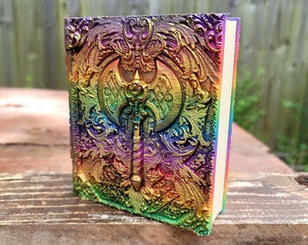 Barbarian's Axe Ancient Tome Book Box (Hand Painted Rainbow & Gold)