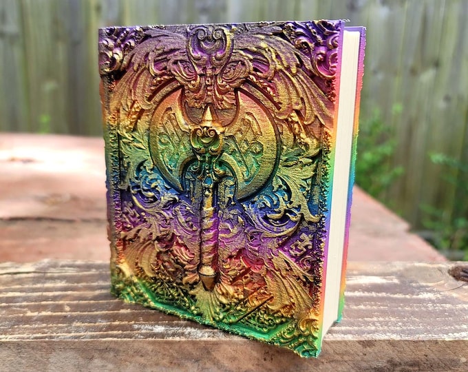 Barbarian's Axe Ancient Tome Book Box (Hand Painted Rainbow & Gold)
