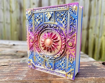 Sunburst Ancient Tome Book Box (Hand Painted Pink/Purple/Blue & Gold)