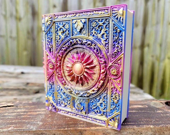 Sunburst Ancient Tome Book Box (Hand Painted Pink/Purple/Blue & Gold)