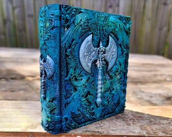 Barbarian's Axe Ancient Tome Book Box (Hand Painted Green and Blue)