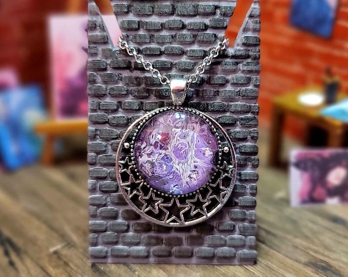 Totally Unique Acrylic Pour Purple Supernova Pendant (Silver-Plated Star Pendant)