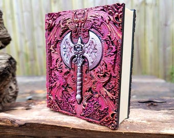 Barbarian's Axe Ancient Tome Book Box (Hand Painted Red & Magenta)