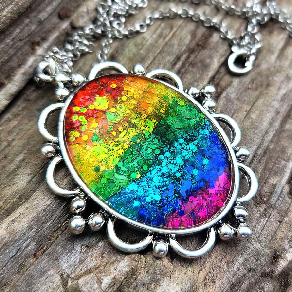 Glitter Rainbow Oval Pendant (Silver-Plated Chain, 18" or 24")