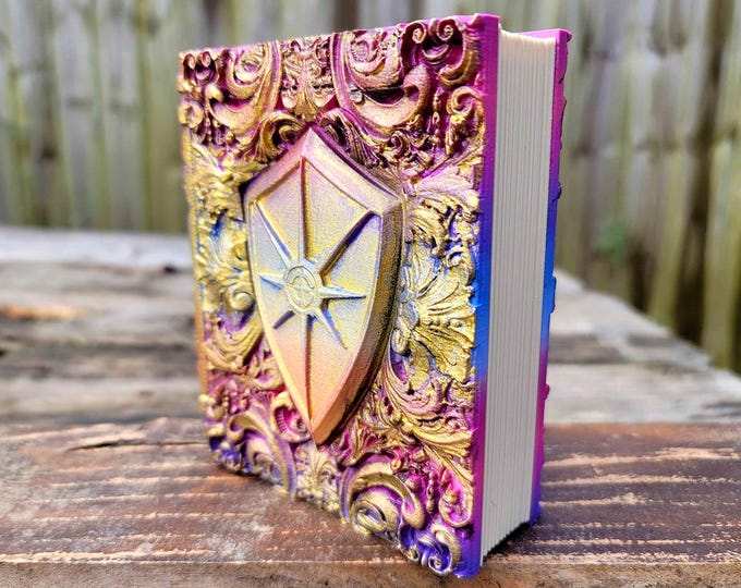 Paladin's Shield Ancient Tome Book Box (Hand Painted Blue/Purple/Pink & Gold)